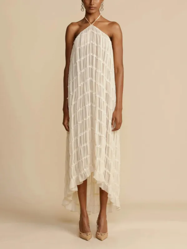 Charming Pleated Drawstring Waist Tiered Halterneck Midi Dress sold by Like My Choice