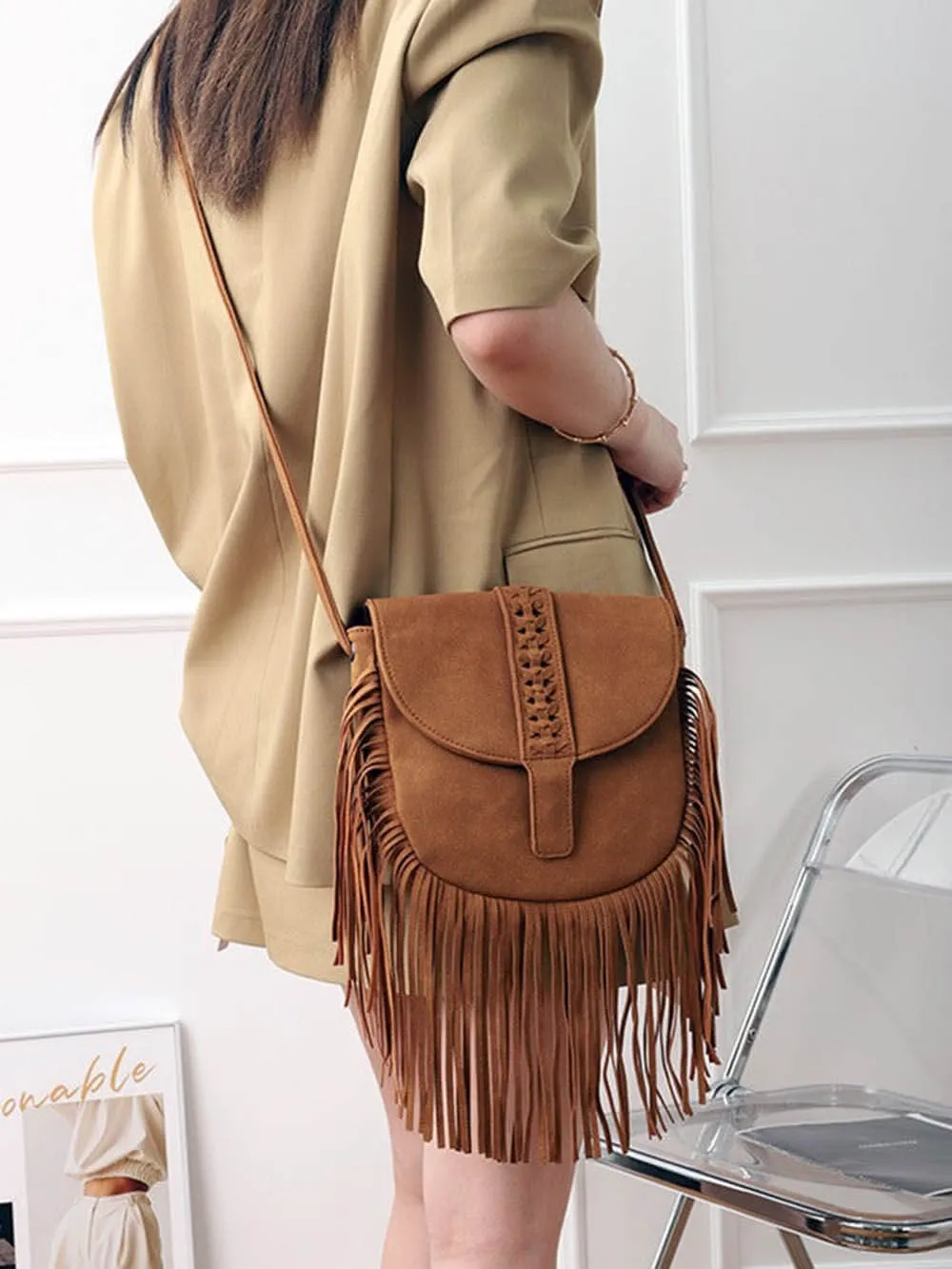 Woven Semi Circular Leather Tassel Crossbody Bag sold by Like My Choice product image thumbnail 4