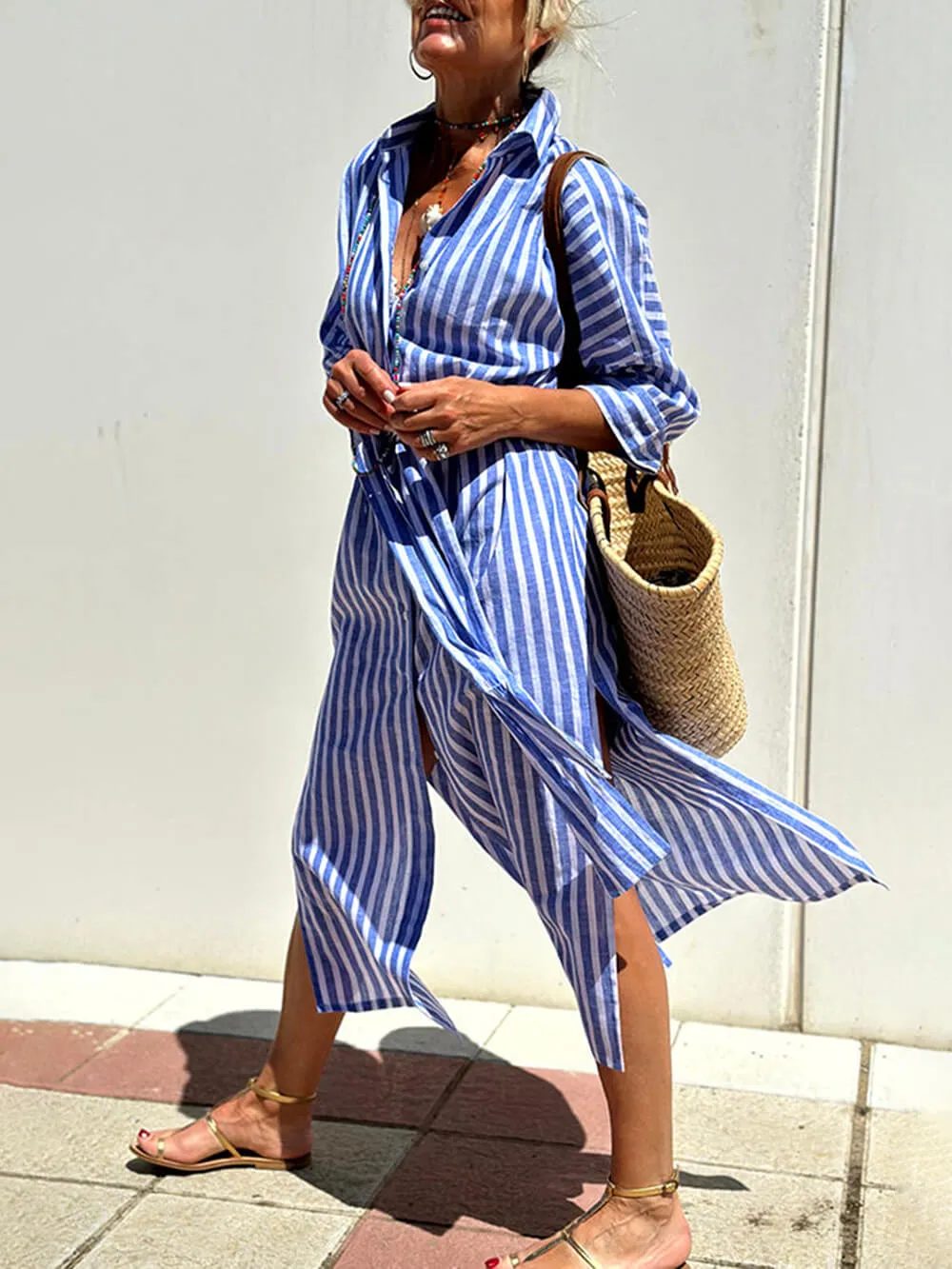 Splendor Stripes Printed Button Half Sleeve Belt Shirt Midi Dress sold by Like My Choice