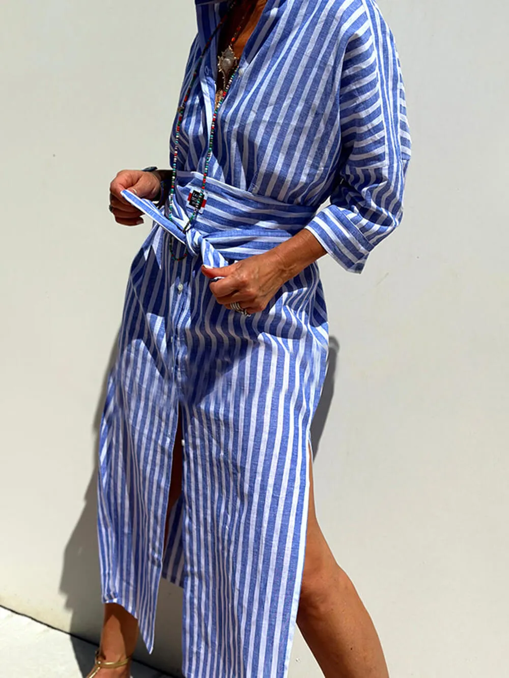 Splendor Stripes Printed Button Half Sleeve Belt Shirt Midi Dress sold by Like My Choice product image thumbnail 5