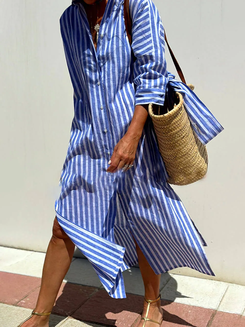 Splendor Stripes Printed Button Half Sleeve Belt Shirt Midi Dress sold by Like My Choice product image thumbnail 2