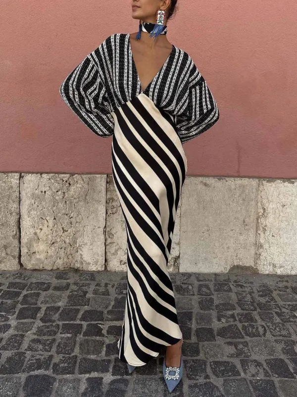 Unique Deep V-Neck Irregular Striped Midi Dress sold by Like My Choice
