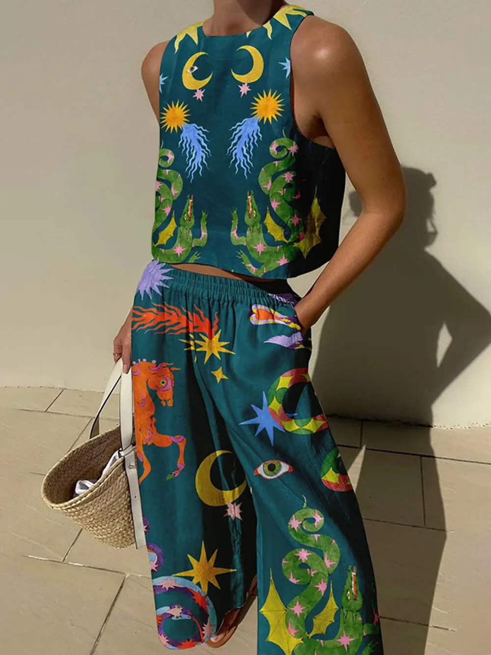 Unique Print Tank And Elastic Waist Pocketed Pants Set sold by Like My Choice product image thumbnail 2