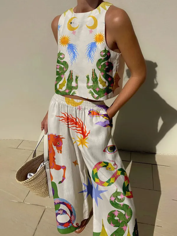 Unique Print Tank And Elastic Waist Pocketed Pants Set sold by Like My Choice