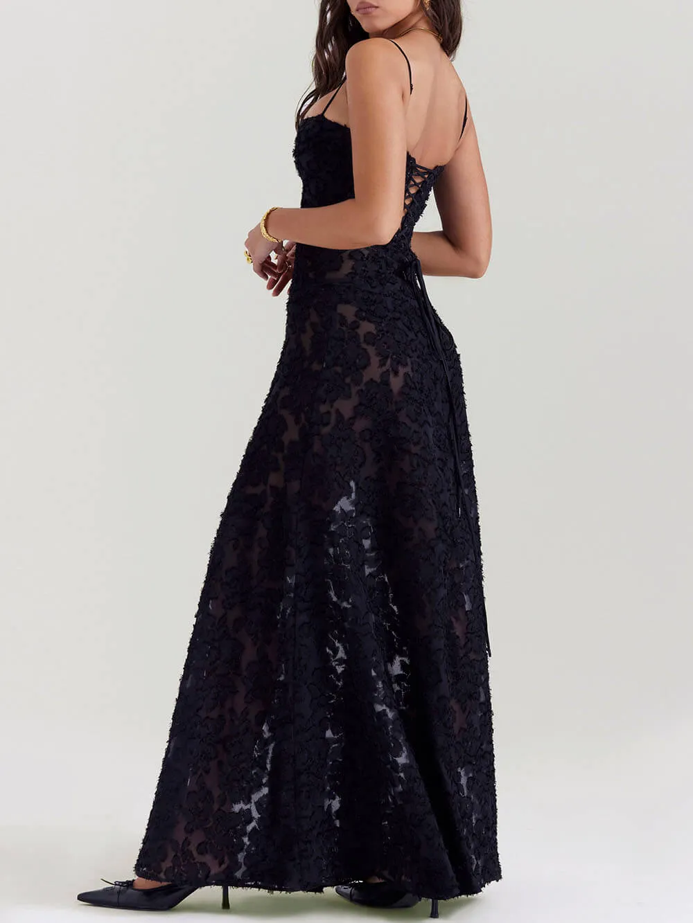 Black Floral Lace Back Maxi Dress sold by Like My Choice product image thumbnail 5