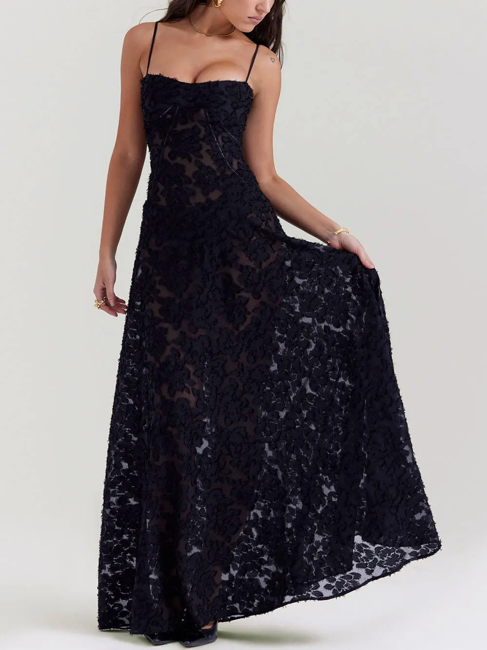 Black Floral Lace Back Maxi Dress sold by Like My Choice product image thumbnail 3