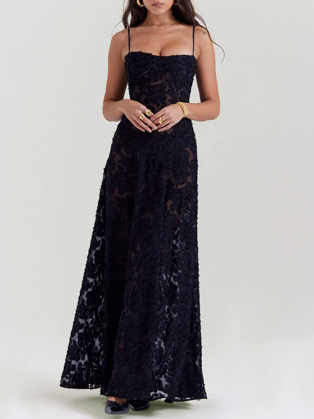 Black Floral Lace Back Maxi Dress sold by Like My Choice