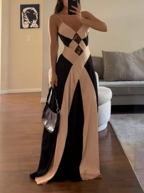 Satin Contrast Black Champagne Maxi Dress sold by Like My Choice