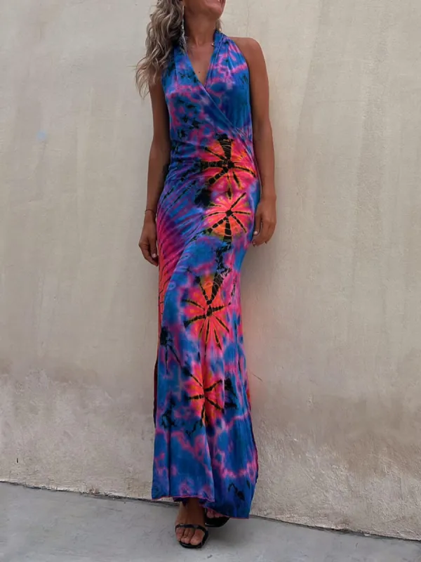 Tie-Dye Print Halter Backless Stretch Maxi Dress sold by Like My Choice