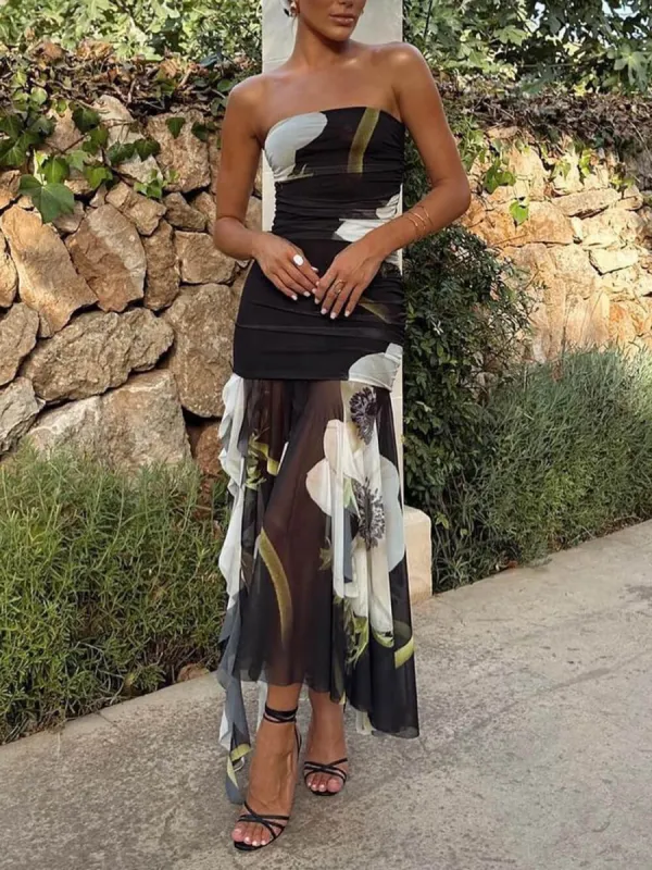 Mesh Overlay Floral Print Off Shoulder Ruched Ruffles Stretch Midi Dress sold by Like My Choice