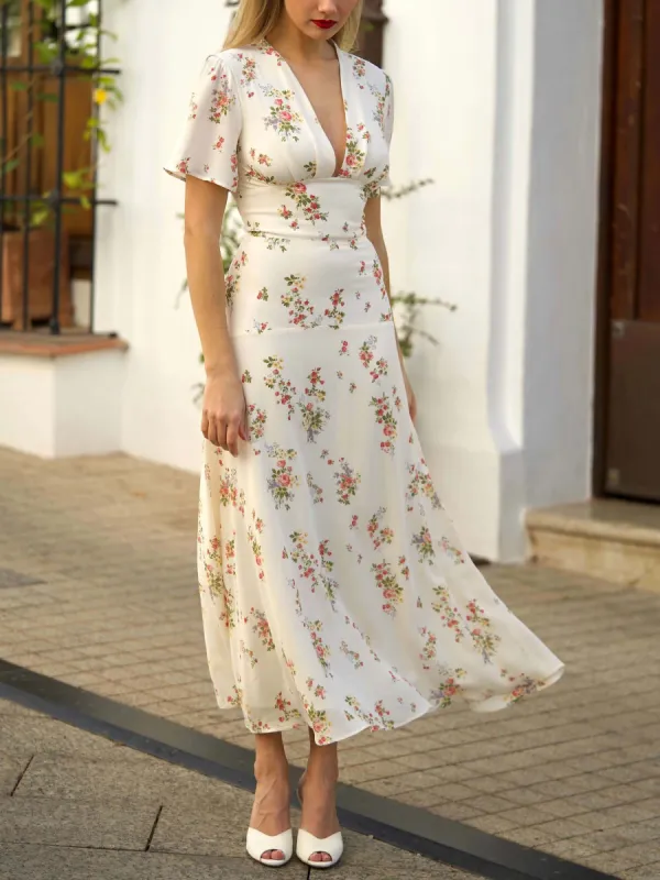 Retro Floral V-Neck Puff Sleeve Midi Dress sold by Like My Choice