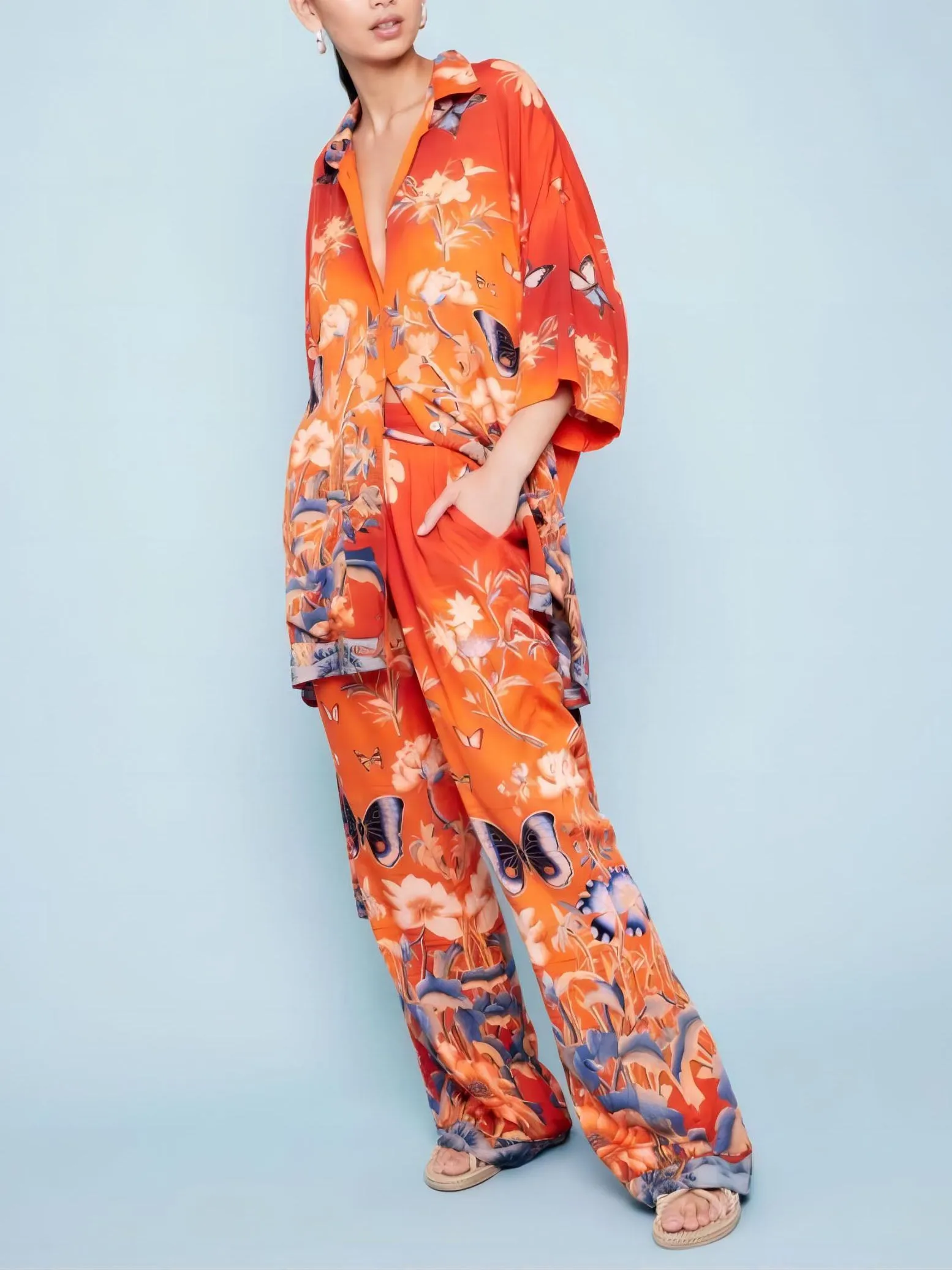 Unique Satin Butterfly Floral Print Side Pocket Straight Pants sold by Like My Choice product image thumbnail 5