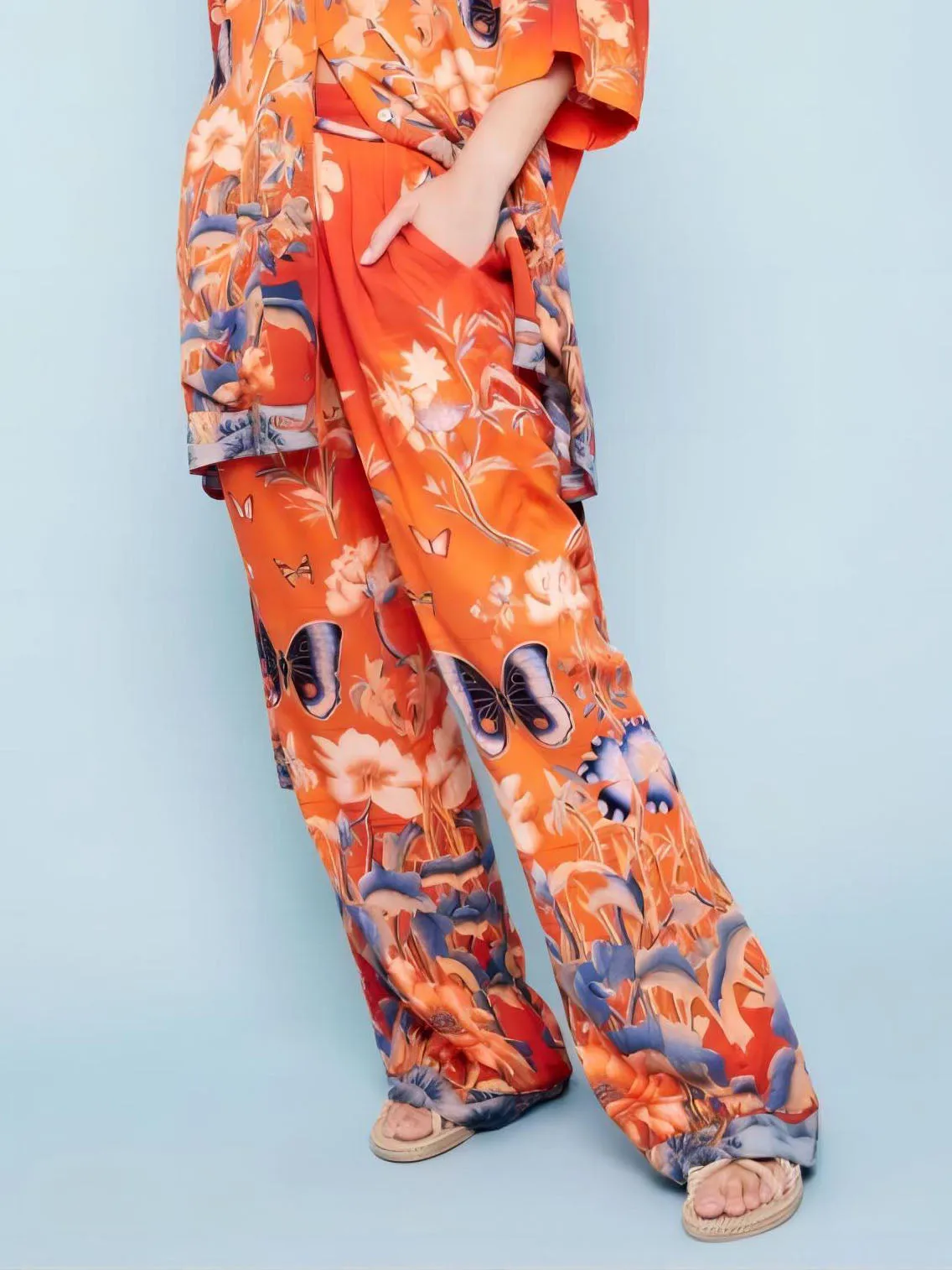 Unique Satin Butterfly Floral Print Side Pocket Straight Pants sold by Like My Choice