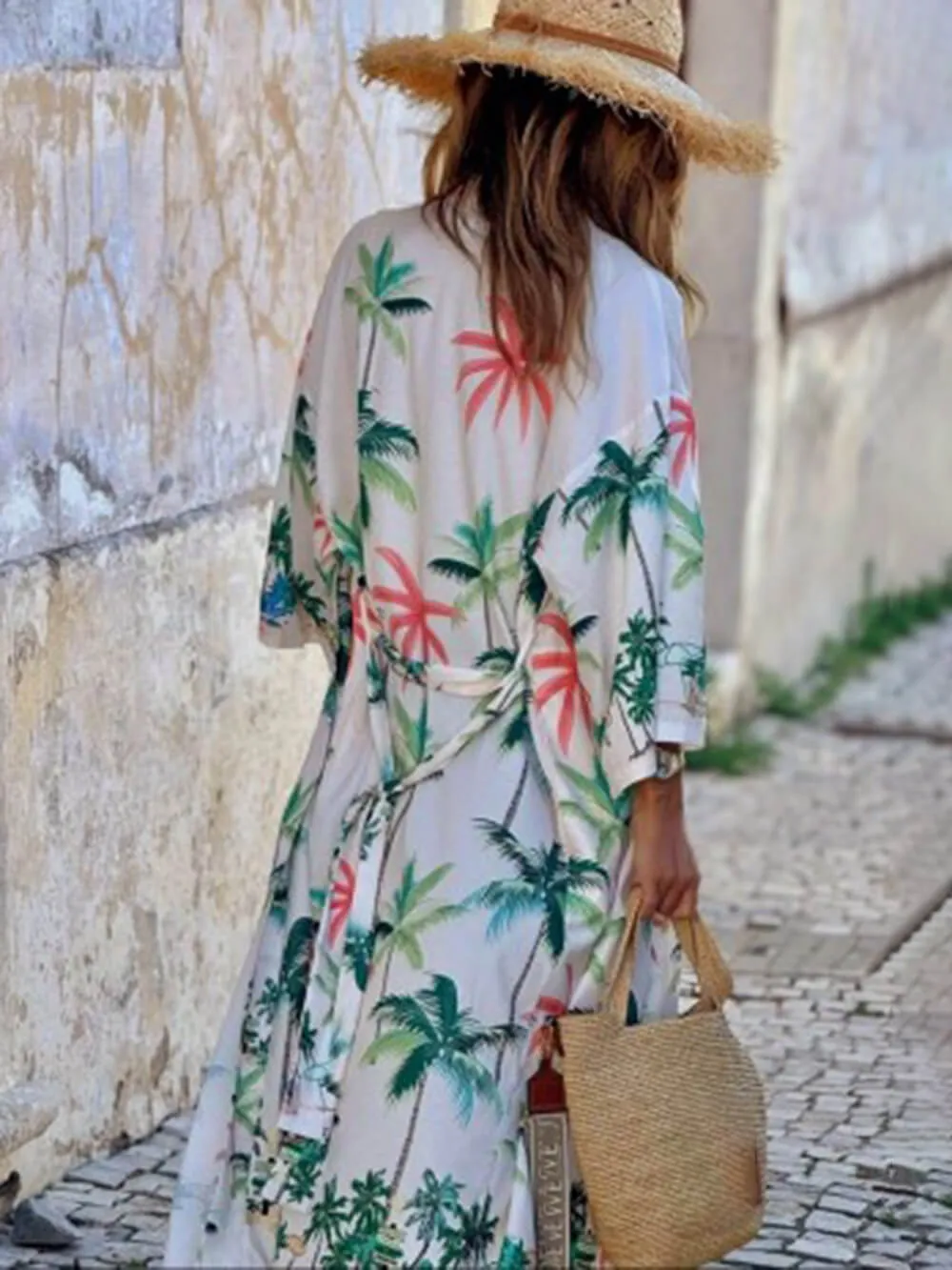 Vacation Style Botanical Print Tie-Waist Long Cover-Up Dress sold by Like My Choice product image thumbnail 5