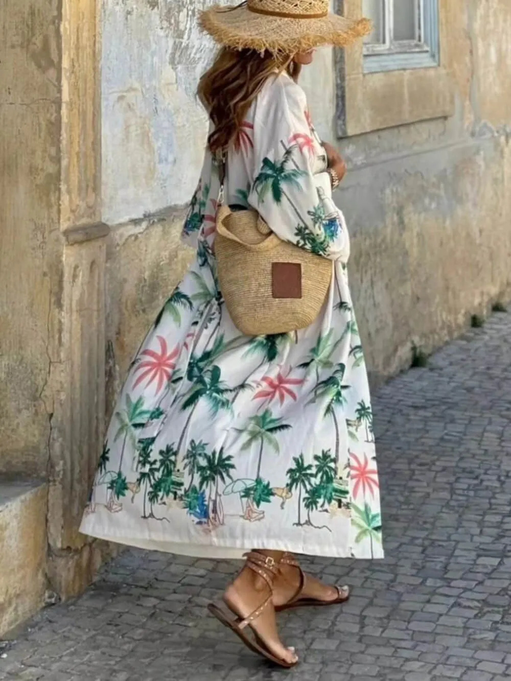 Vacation Style Botanical Print Tie-Waist Long Cover-Up Dress sold by Like My Choice product image thumbnail 2