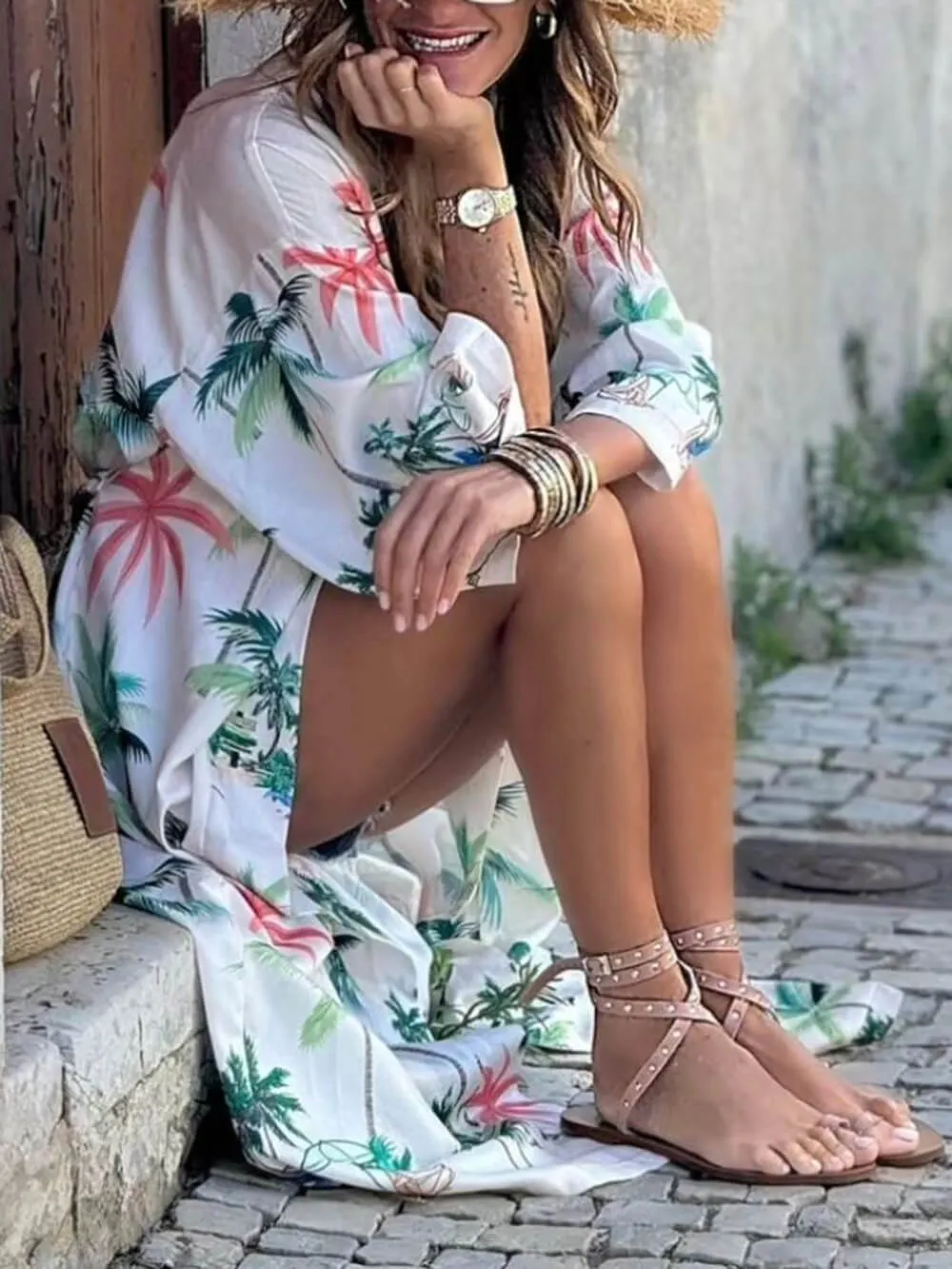 Vacation Style Botanical Print Tie-Waist Long Cover-Up Dress sold by Like My Choice product image thumbnail 4