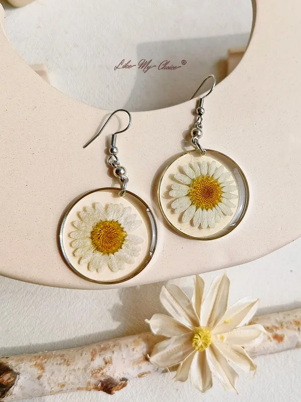 Resin Pendant Earring With Eternal Daisy Dried Flowers sold by Like My Choice