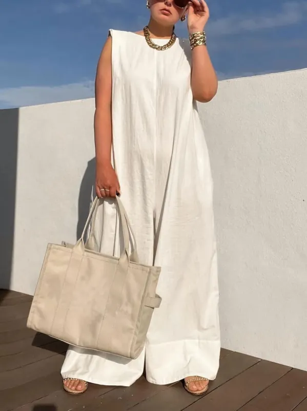 Solid Color Loose Casual Sleeveless Round Neck Wide Leg Trousers Jumpsuit sold by Like My Choice