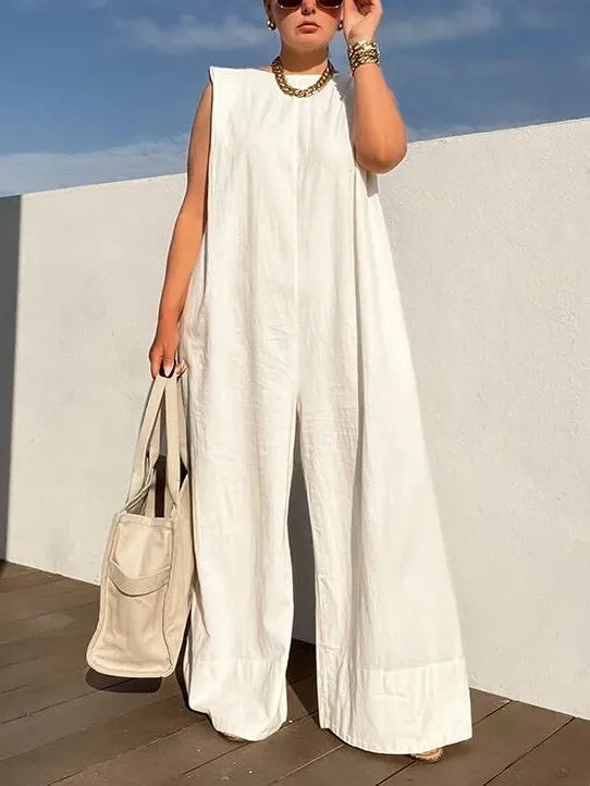Solid Color Loose Casual Sleeveless Round Neck Wide Leg Trousers Jumpsuit sold by Like My Choice product image thumbnail 2