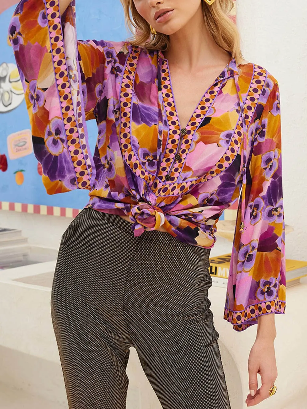 Flowy Off Shoulder Lace Panelled Printed Flared Sleeve Blouse sold by Like My Choice product image thumbnail 2