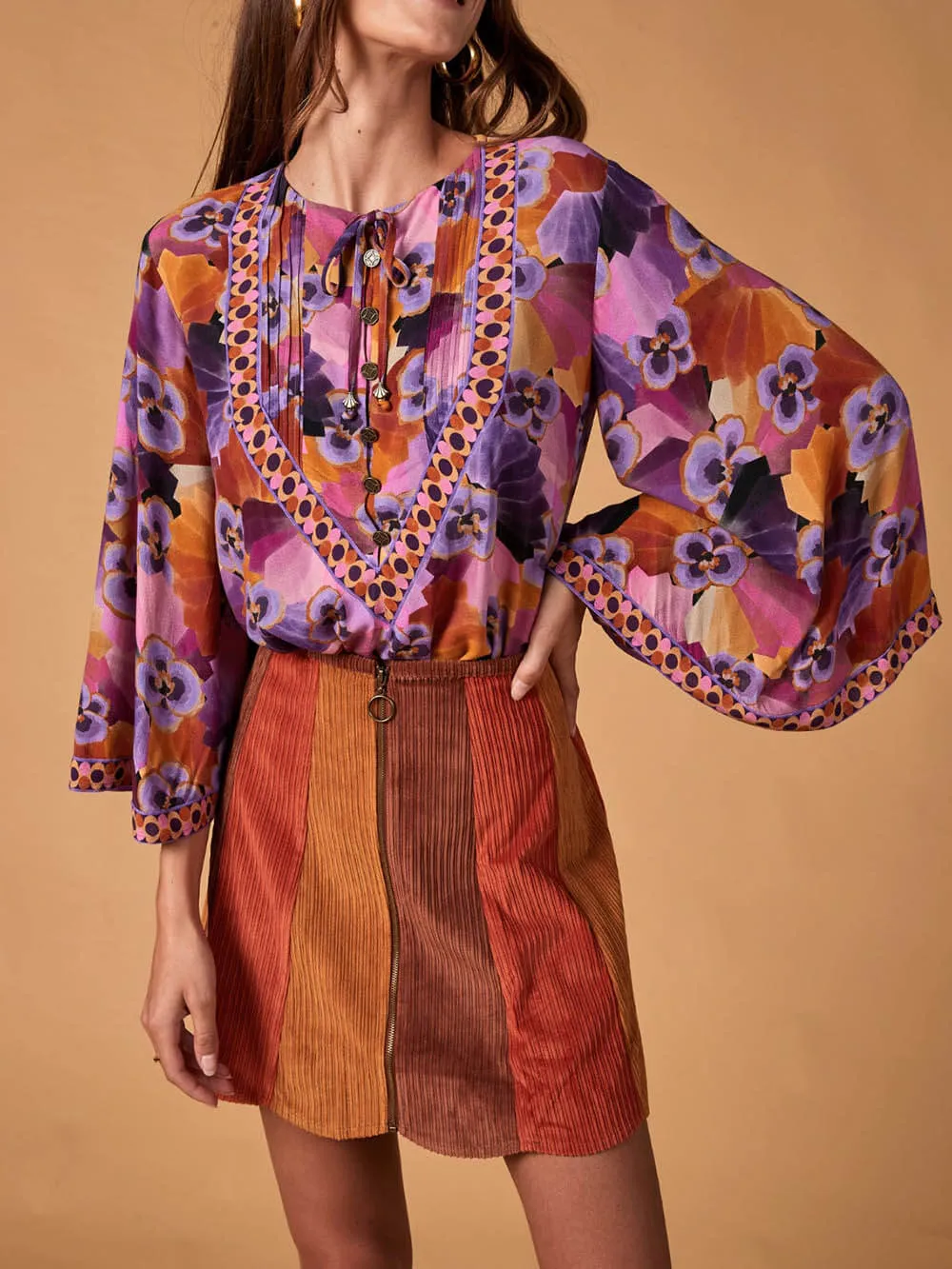 Flowy Off Shoulder Lace Panelled Printed Flared Sleeve Blouse sold by Like My Choice product image thumbnail 3