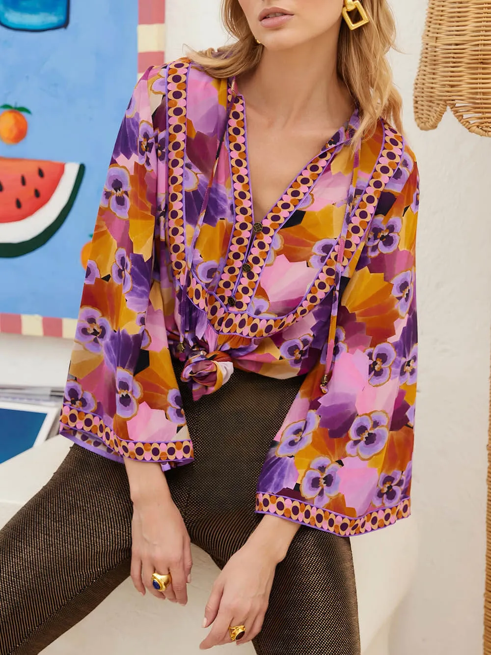 Flowy Off Shoulder Lace Panelled Printed Flared Sleeve Blouse sold by Like My Choice