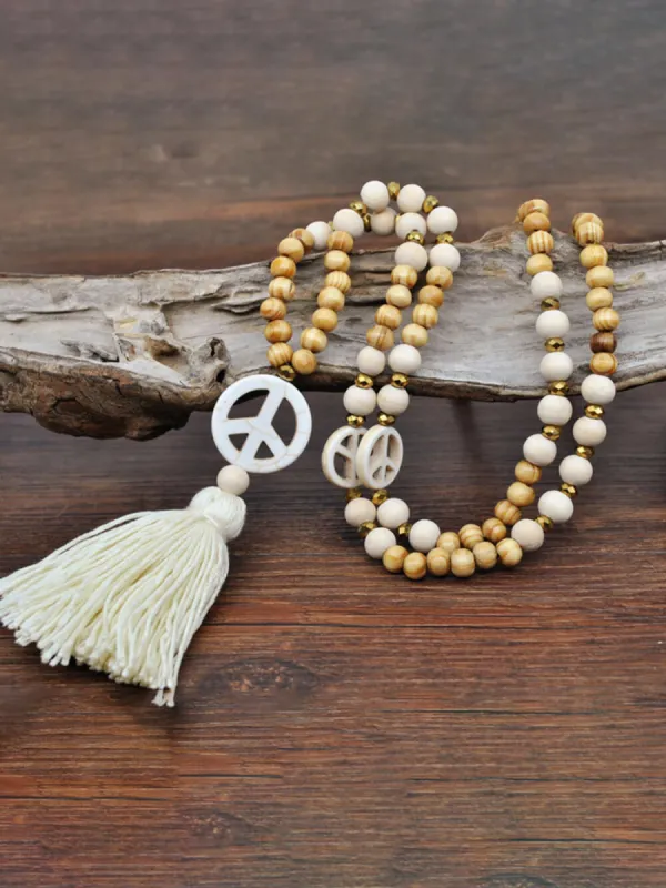 Handmade Wooden Beads Tassel and Peace Charm Pendant Long Necklace sold by Like My Choice
