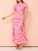 Drawstring Waisted Puff Sleeves Unique Printed Midi Dress sold by Like My Choice