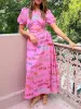 Drawstring Waisted Puff Sleeves Unique Printed Midi Dress sold by Like My Choice