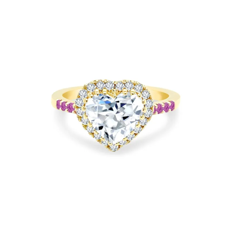 Heart Cut Solitaire with Halo on Gemstone Band sold by LINDSEY LEIGH JEWELRY