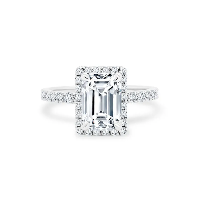 Emerald Cut Solitaire with Halo on Diamond Band sold by LINDSEY LEIGH JEWELRY