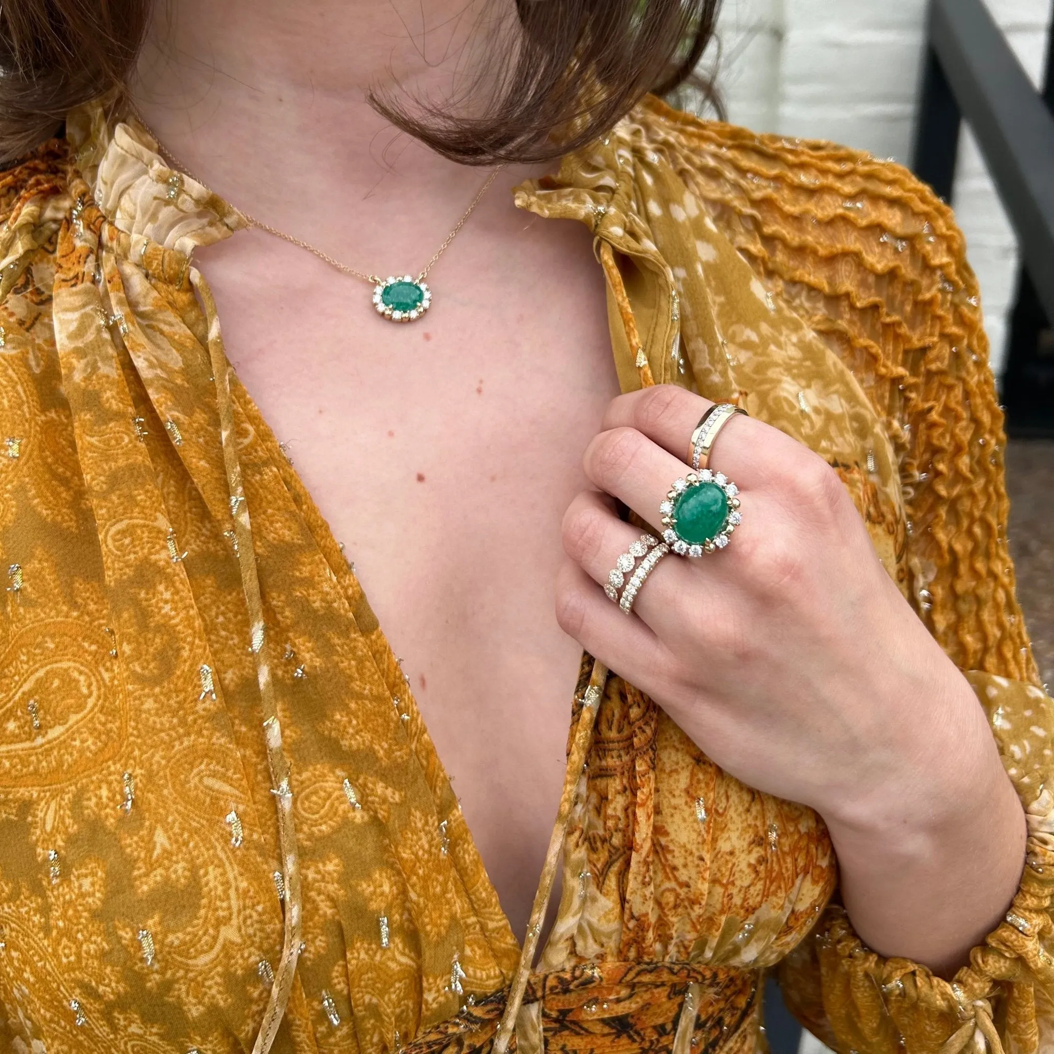 Oval Emerald with Diamond and Gold Bead Halo Necklace sold by LINDSEY LEIGH JEWELRY product image thumbnail 4