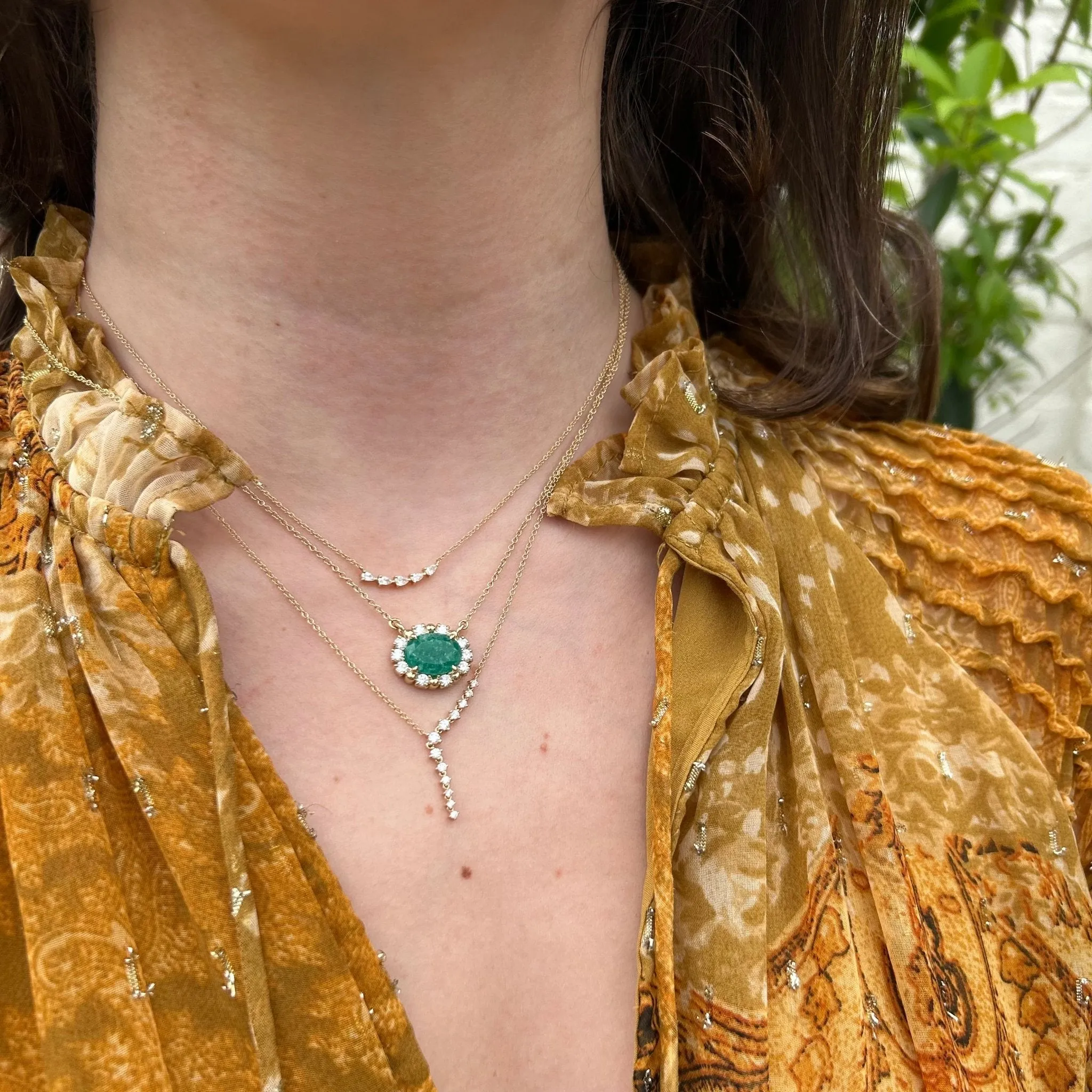 Oval Emerald with Diamond and Gold Bead Halo Necklace sold by LINDSEY LEIGH JEWELRY product image thumbnail 2