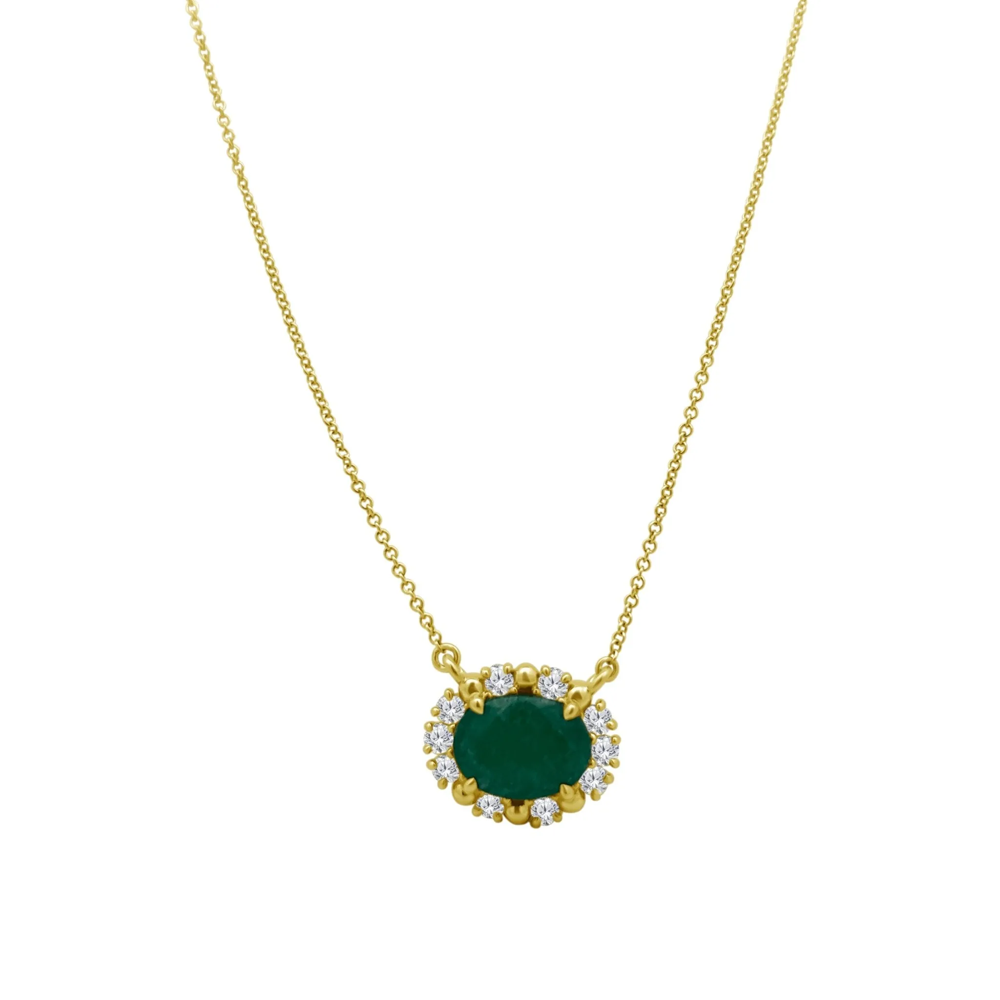 Oval Emerald with Diamond and Gold Bead Halo Necklace sold by LINDSEY LEIGH JEWELRY