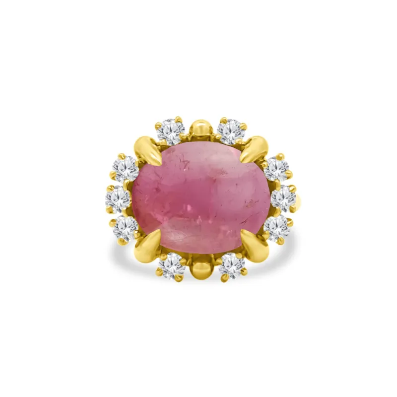 Cabochon Pink Tourmaline & Diamond Halo Ring sold by LINDSEY LEIGH JEWELRY