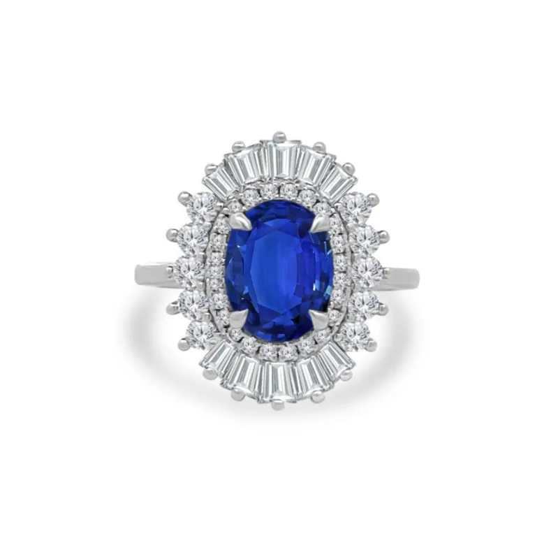 2.15ct Oval Cut Sapphire with Sunburst Halo sold by LINDSEY LEIGH JEWELRY