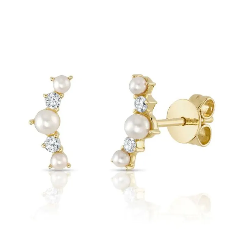 Alternating Diamond & Pearl Curved Bar Studs sold by LINDSEY LEIGH JEWELRY