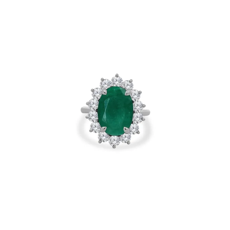 Oval Cut Emerald with Jumbo Round Diamond Halo sold by LINDSEY LEIGH JEWELRY