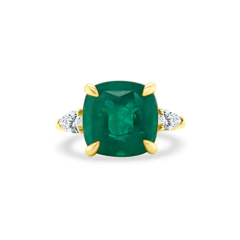 Cushion Cut Emerald with Pear Cut Diamond Side Stones sold by LINDSEY LEIGH JEWELRY