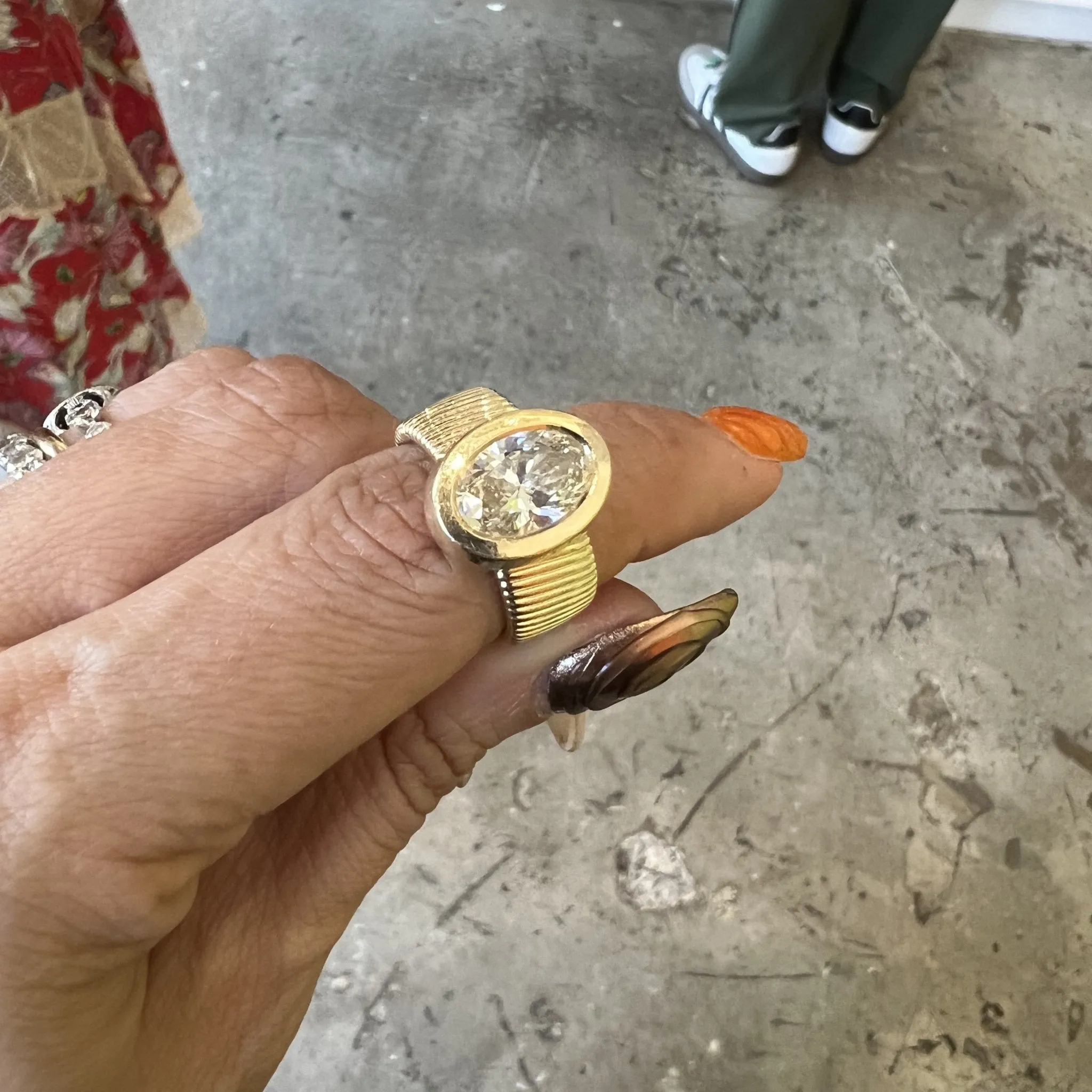 Bezel Set Oval Cut Solitaire on Detailed Gold Band sold by LINDSEY LEIGH JEWELRY product image thumbnail 2