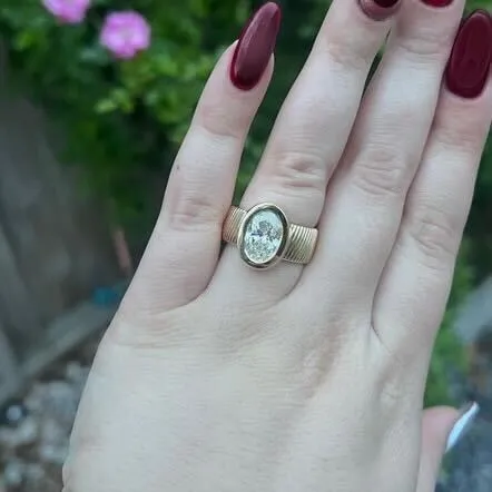 Bezel Set Oval Cut Solitaire on Detailed Gold Band sold by LINDSEY LEIGH JEWELRY product image thumbnail 3