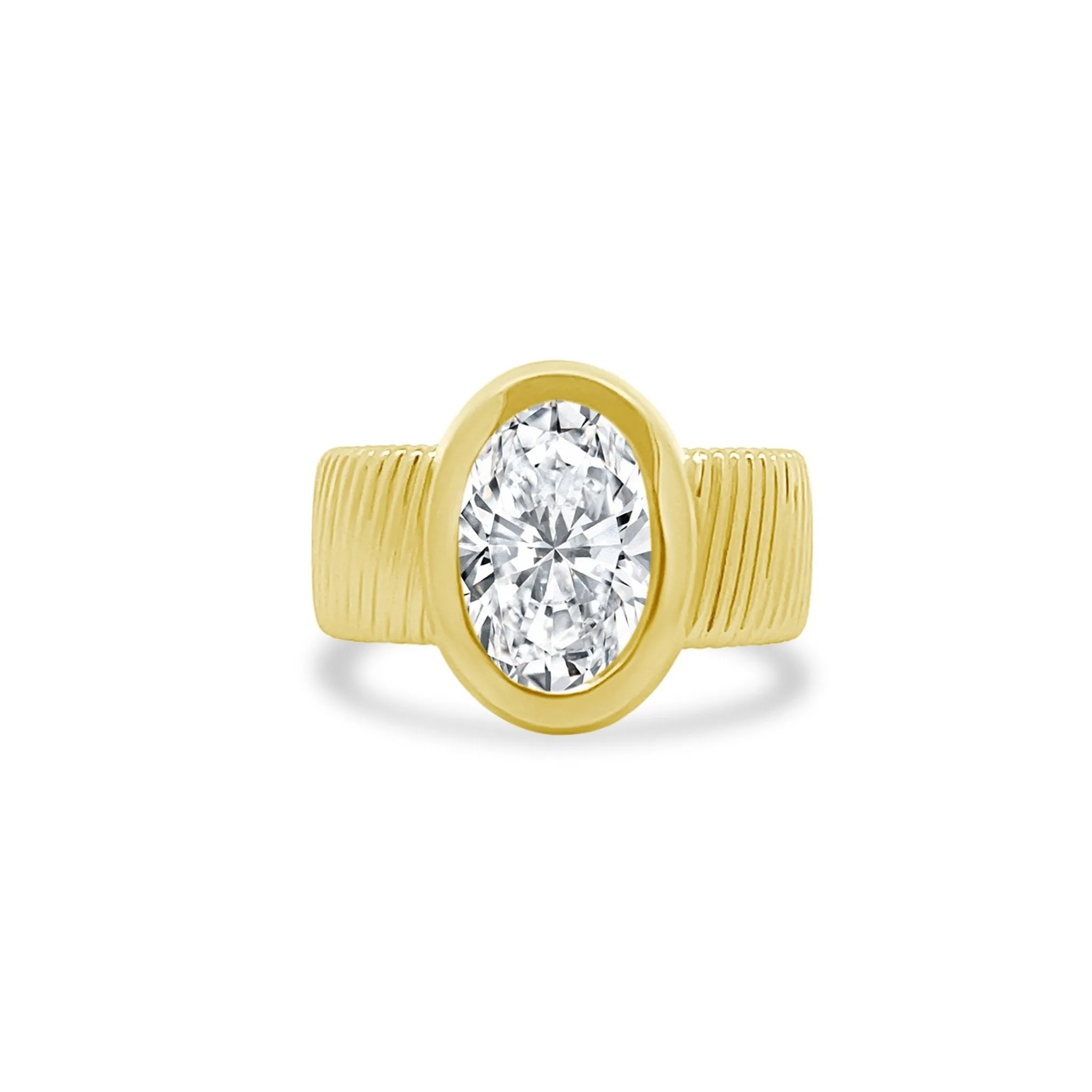 Bezel Set Oval Cut Solitaire on Detailed Gold Band sold by LINDSEY LEIGH JEWELRY