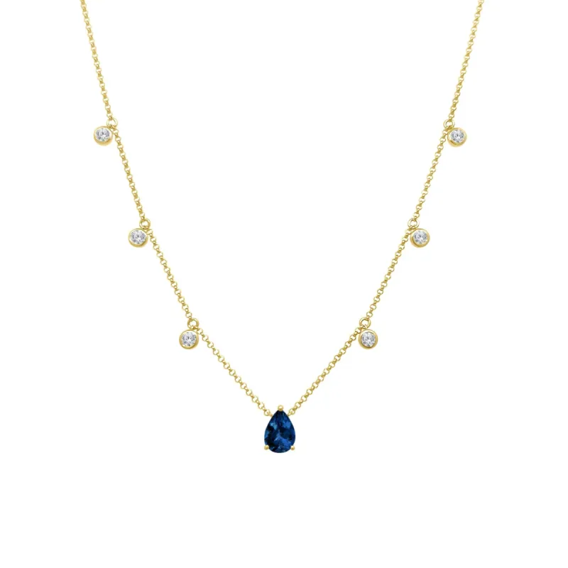 Sapphire Pear & Diamond Bezel Necklace made by LINDSEY LEIGH JEWELRY