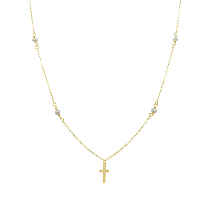 Pearl & Gold Cross Necklace sold by LINDSEY LEIGH JEWELRY