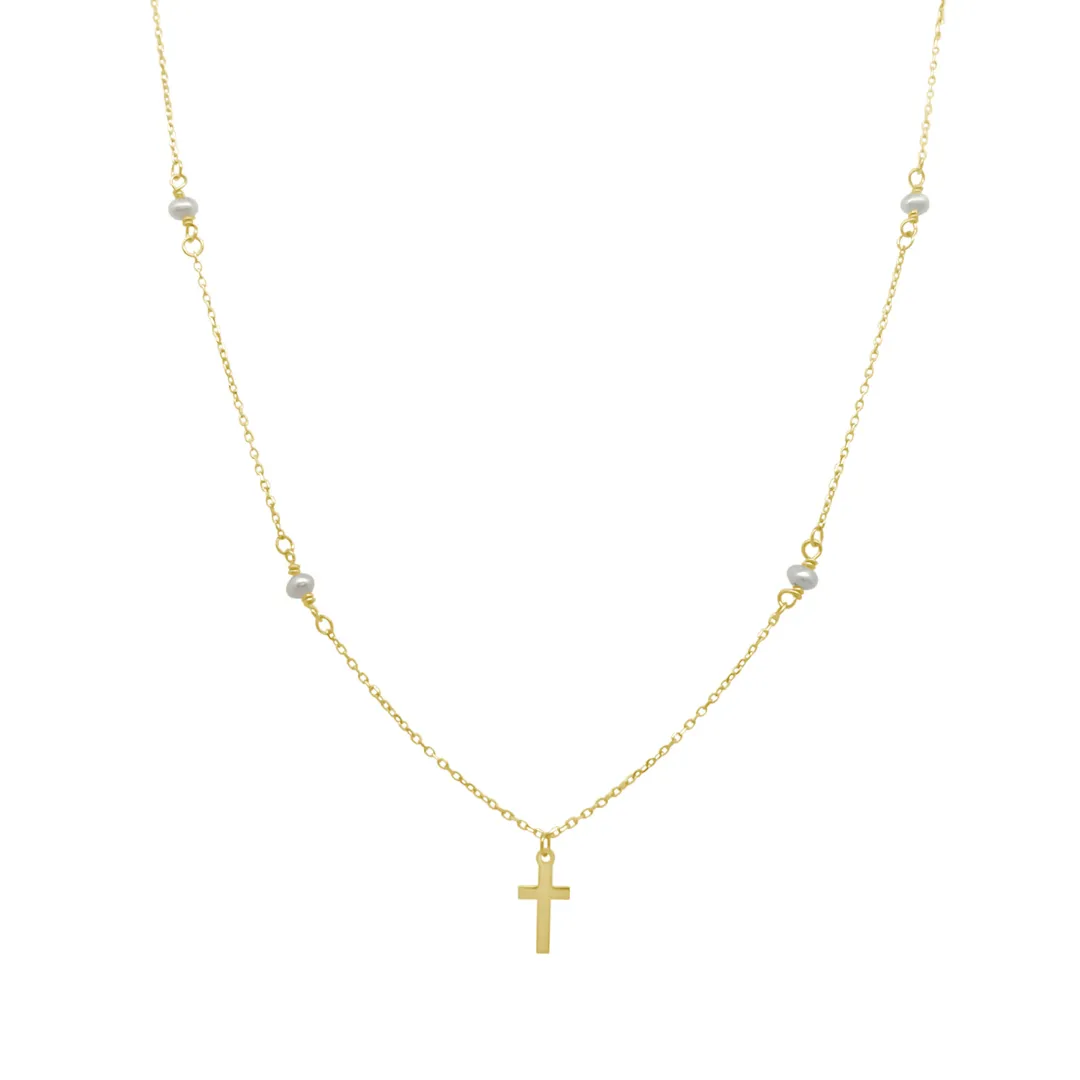 Pearl & Gold Cross Necklace sold by LINDSEY LEIGH JEWELRY