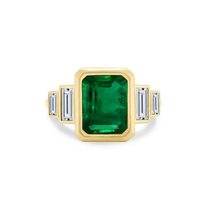 Bezel Set Emerald Cut Emerald with Double Baguette Cut Diamond Side Stones sold by LINDSEY LEIGH JEWELRY
