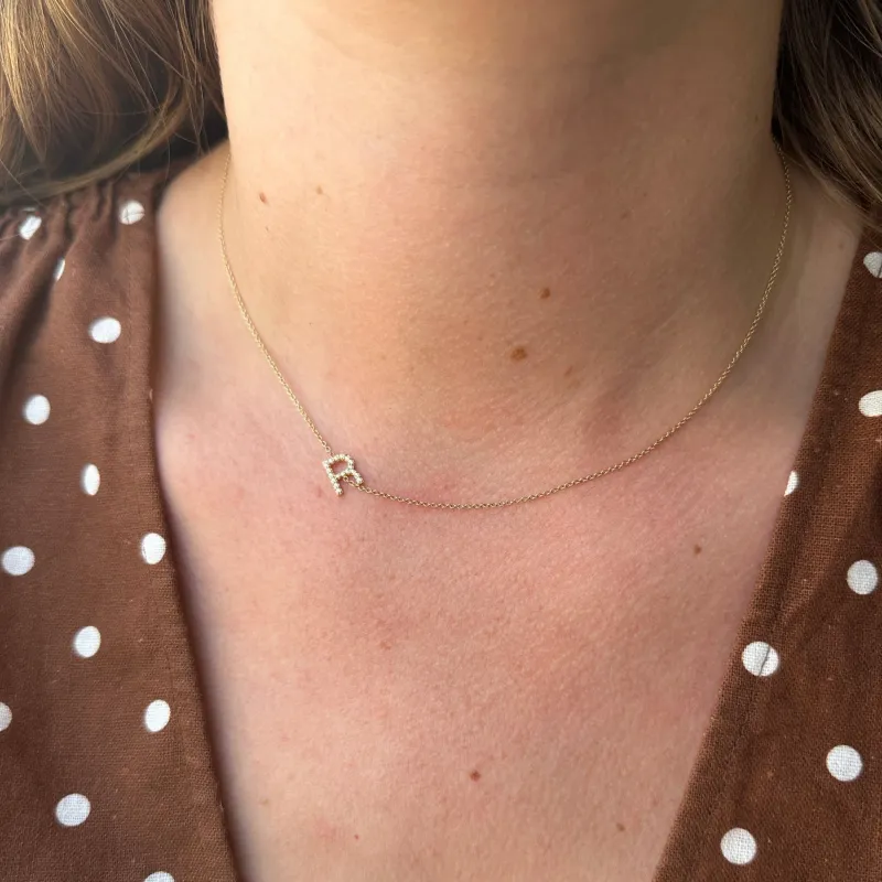 Diamond "R" Asymmetrical  Initial Necklace sold by LINDSEY LEIGH JEWELRY