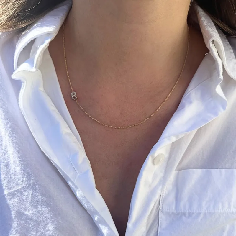 Diamond Asymmetrical "R" Necklace sold by LINDSEY LEIGH JEWELRY