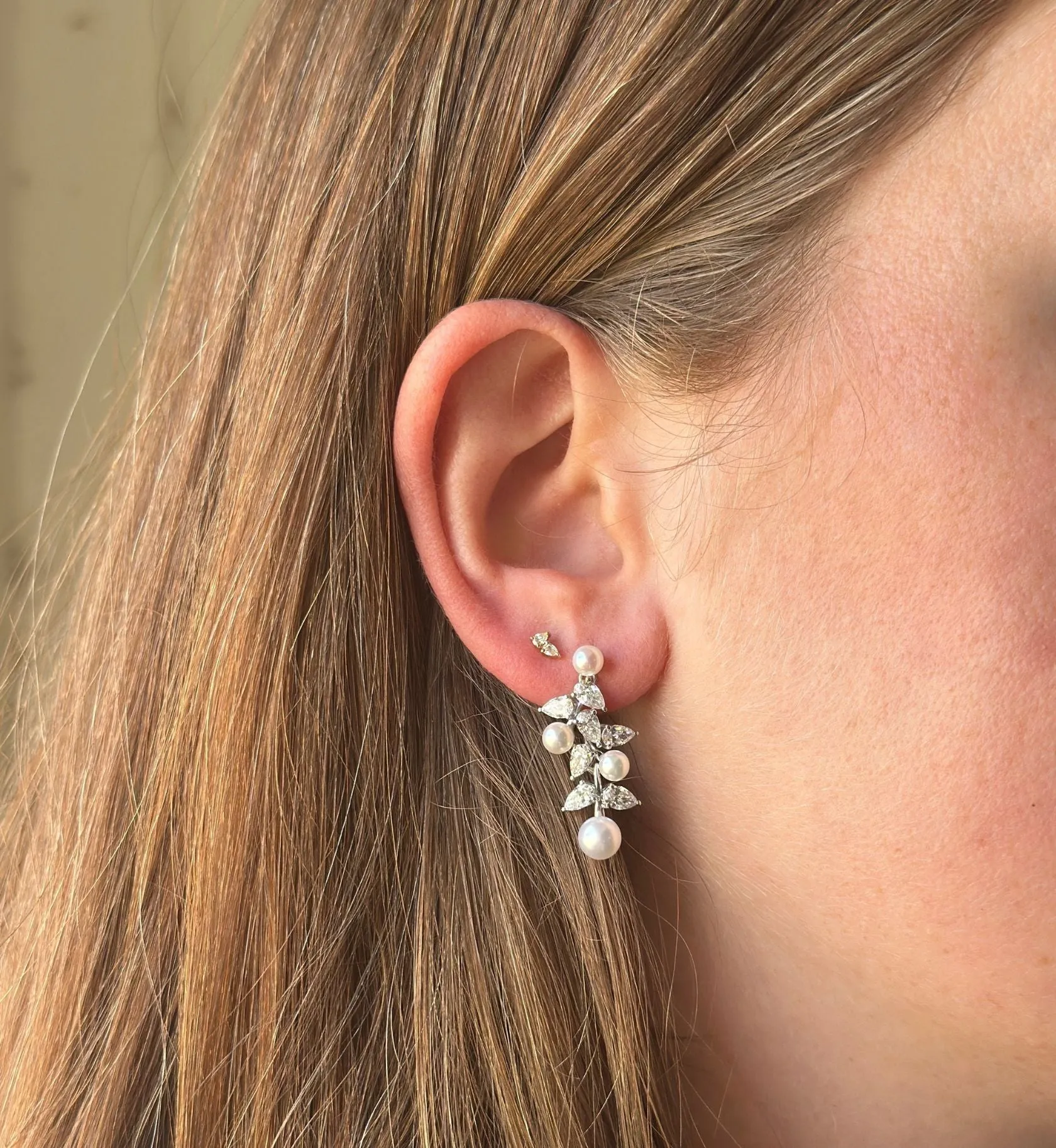 Alternating Pearl & Pear Diamond Drop Earrings sold by LINDSEY LEIGH JEWELRY product image thumbnail 4