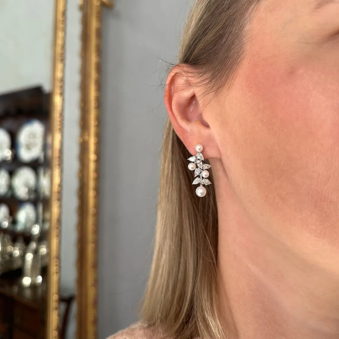 Alternating Pearl & Pear Diamond Drop Earrings sold by LINDSEY LEIGH JEWELRY product image thumbnail 3